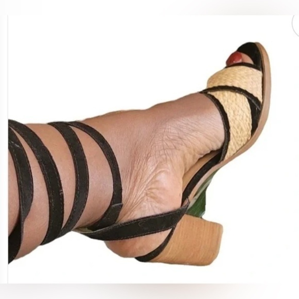 bettye muller Black and Natural Woven Strappy Block Heel Sandals